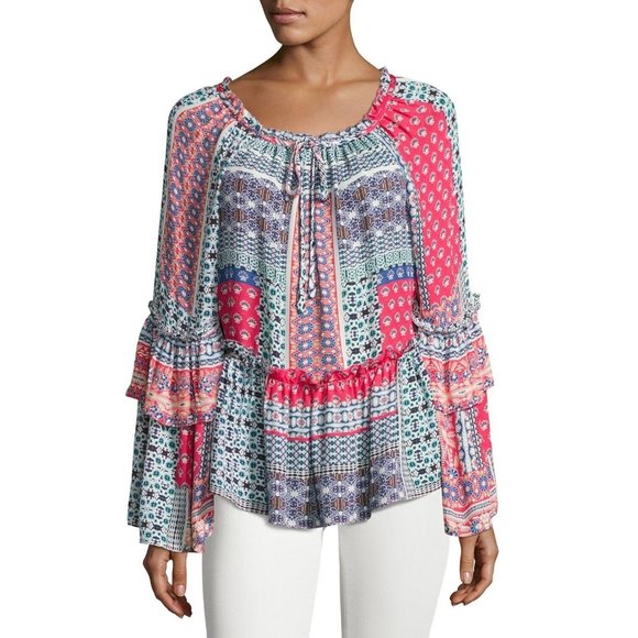 Parker Scarlet Silk Peasant Blouse in Pink Blue Multi Ruffle Long Sleeve - Picture 1 of 9